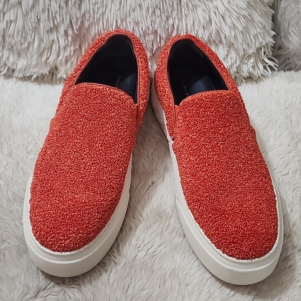 Tory Burch Ladybug Raffia & Leather Piper Red Slip On Sneakers